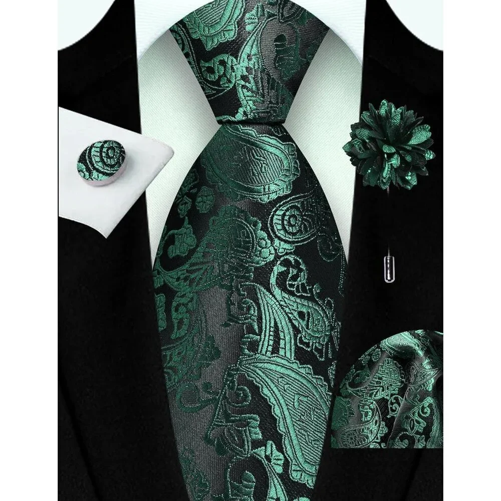 Men's Dark Green 1 Paisley Tie And Lapel Pin Necktie Hankerchief Cufflinks Set